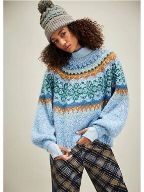 Free People Festive Frost Pullover in Ice
Blue Combo L